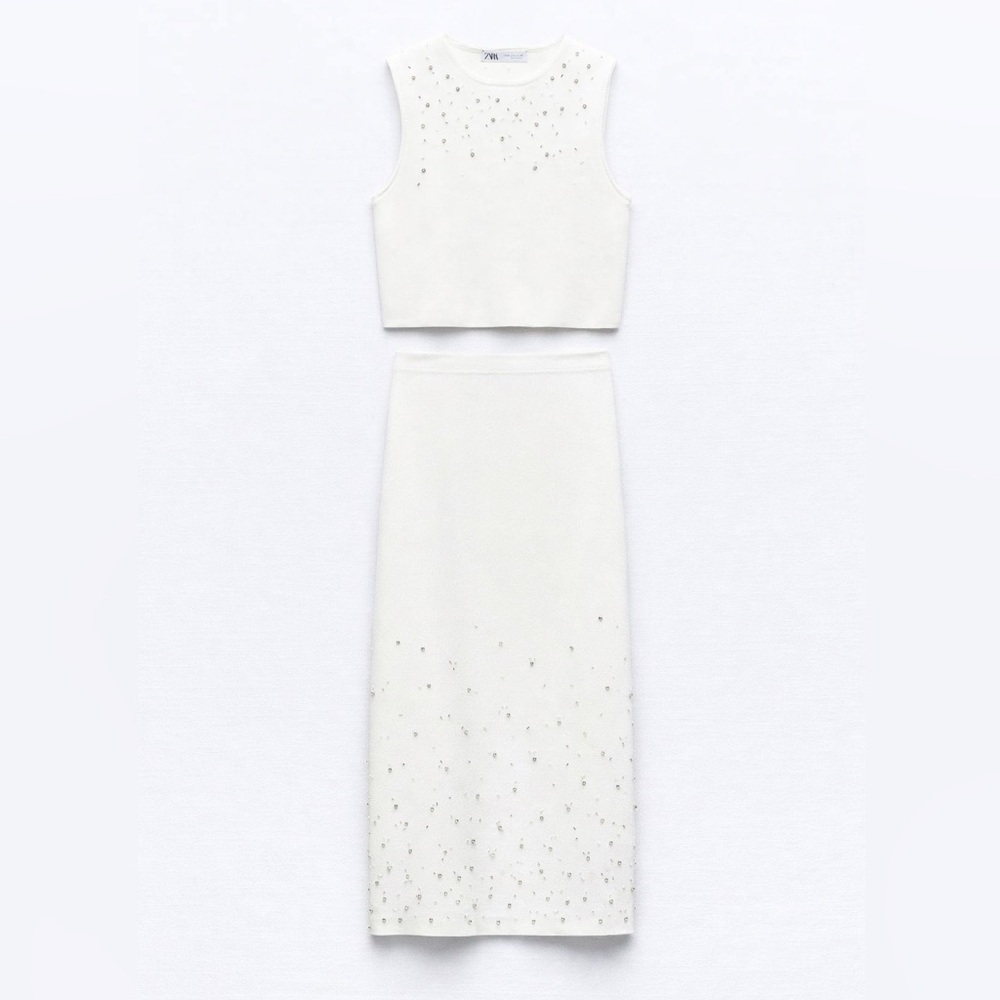 Zara White Knit Embellished Skirt Set